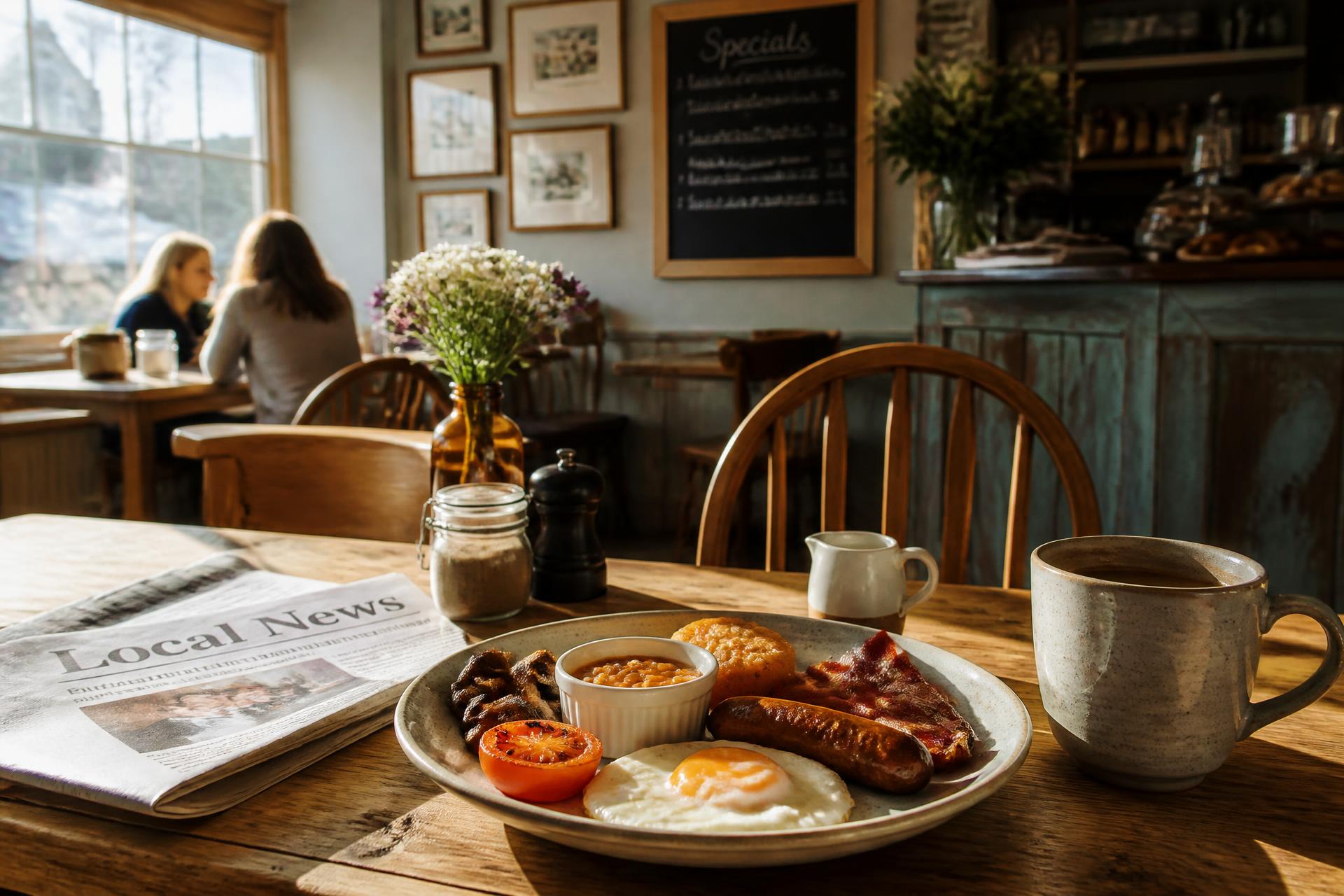 Warm, sunlit café interior with wooden tables at a local café in Chatham