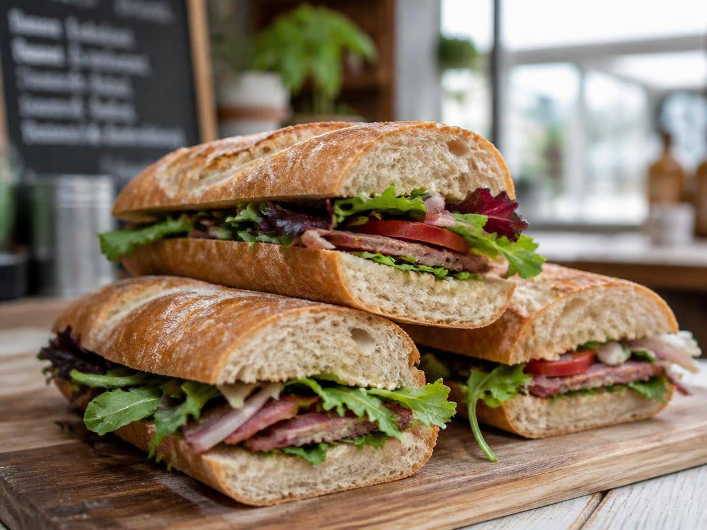Fresh crusty baguettes filled with meat and salad on a wooden board