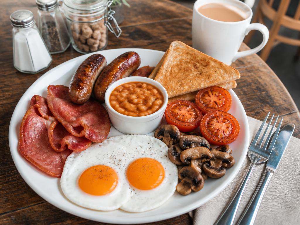 Full English-style breakfast with eggs, bacon, sausage, beans and toast at a café table