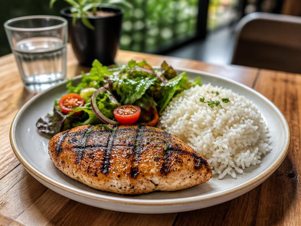 Grilled chicken breast served with white rice and fresh green salad
