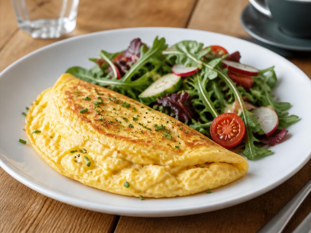 Freshly made folded omelette served with a side salad