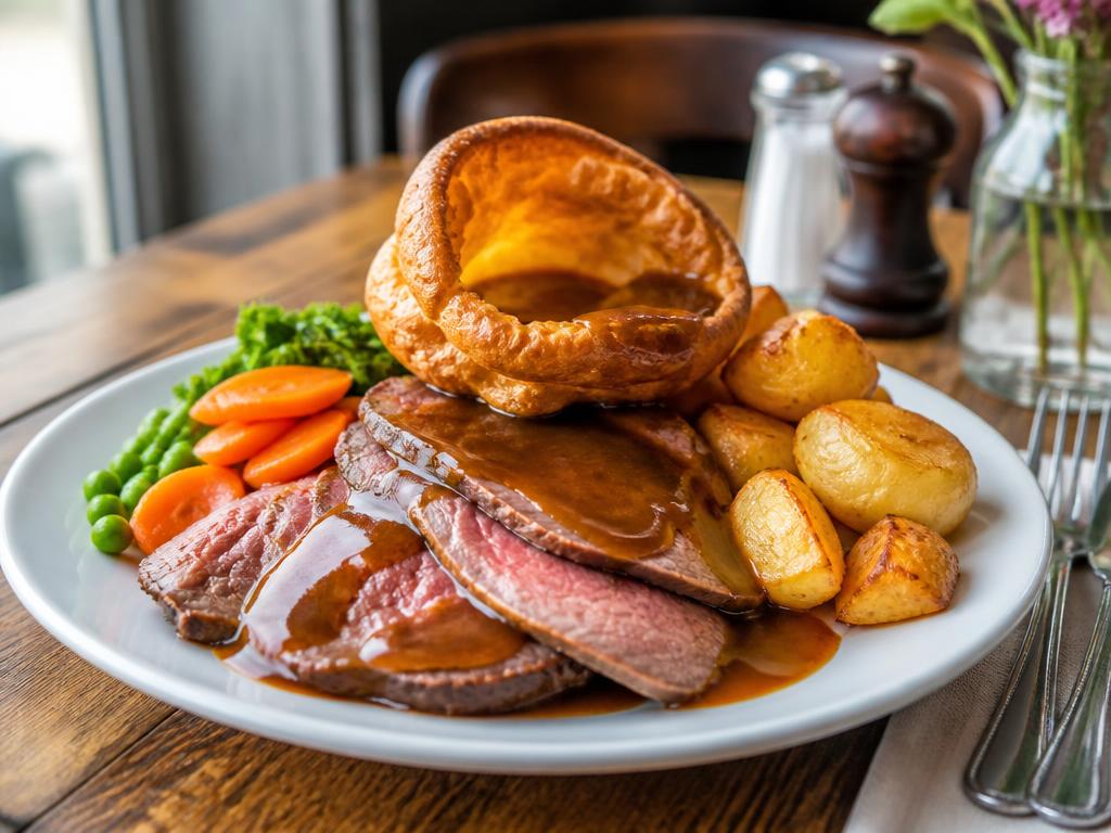 Roast beef dinner with Yorkshire pudding, roast potatoes and gravy