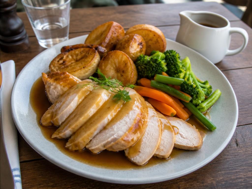 Roast chicken dinner with roast potatoes, vegetables and gravy