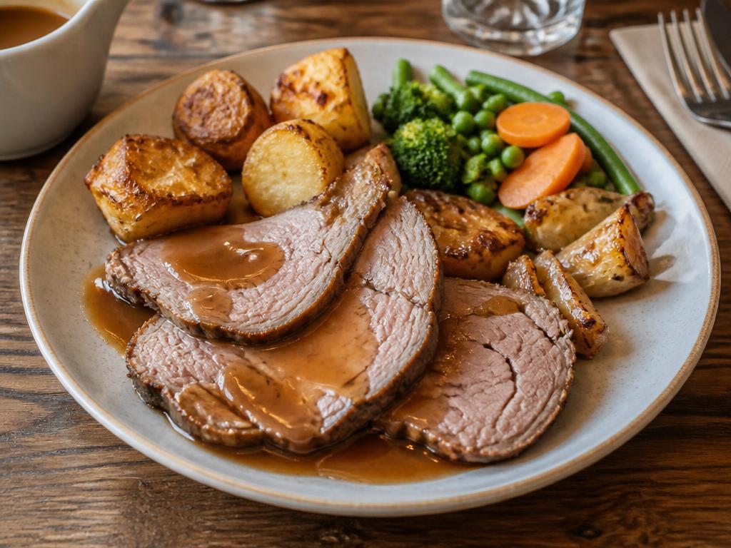 Roast lamb dinner with roast potatoes, vegetables and gravy